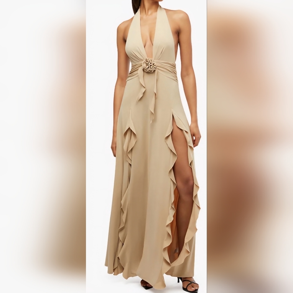 WeWoreWhat Halter Ruffles Knit Maxi Dress In Safari, NWT, Size XL